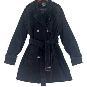 LL Bean Black Corduroy Belted Trench Coat Womens Large Double Breasted preppy